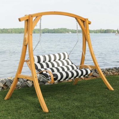 Deluxe Sunbrella Cushion Curved Oak Double Swing - Canvas Regatta